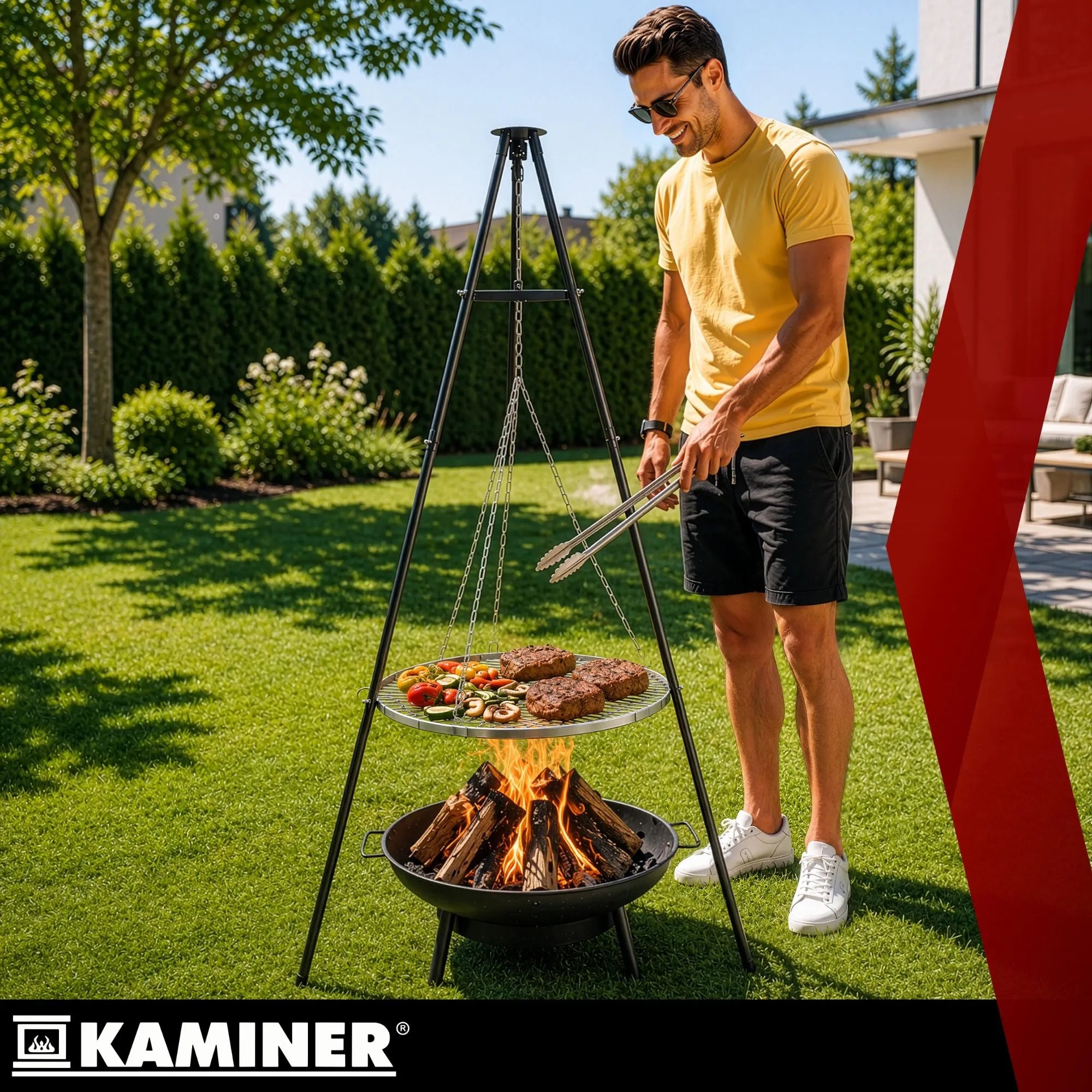 Trebensgrill med Bålfad – Hængegrill med 58 cm Grillrist & Justerbar Højde