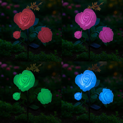 Solcellsdriven LED-trädgårdslampa med ros – 3 konstgjorda blommor med färgskiftande ljus