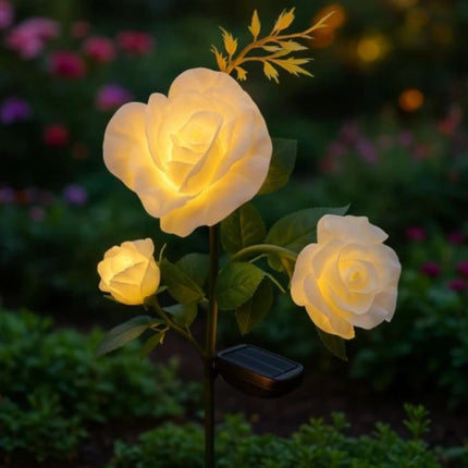 Solcellsdriven LED-trädgårdslampa med ros – 3 konstgjorda blommor med färgskiftande ljus