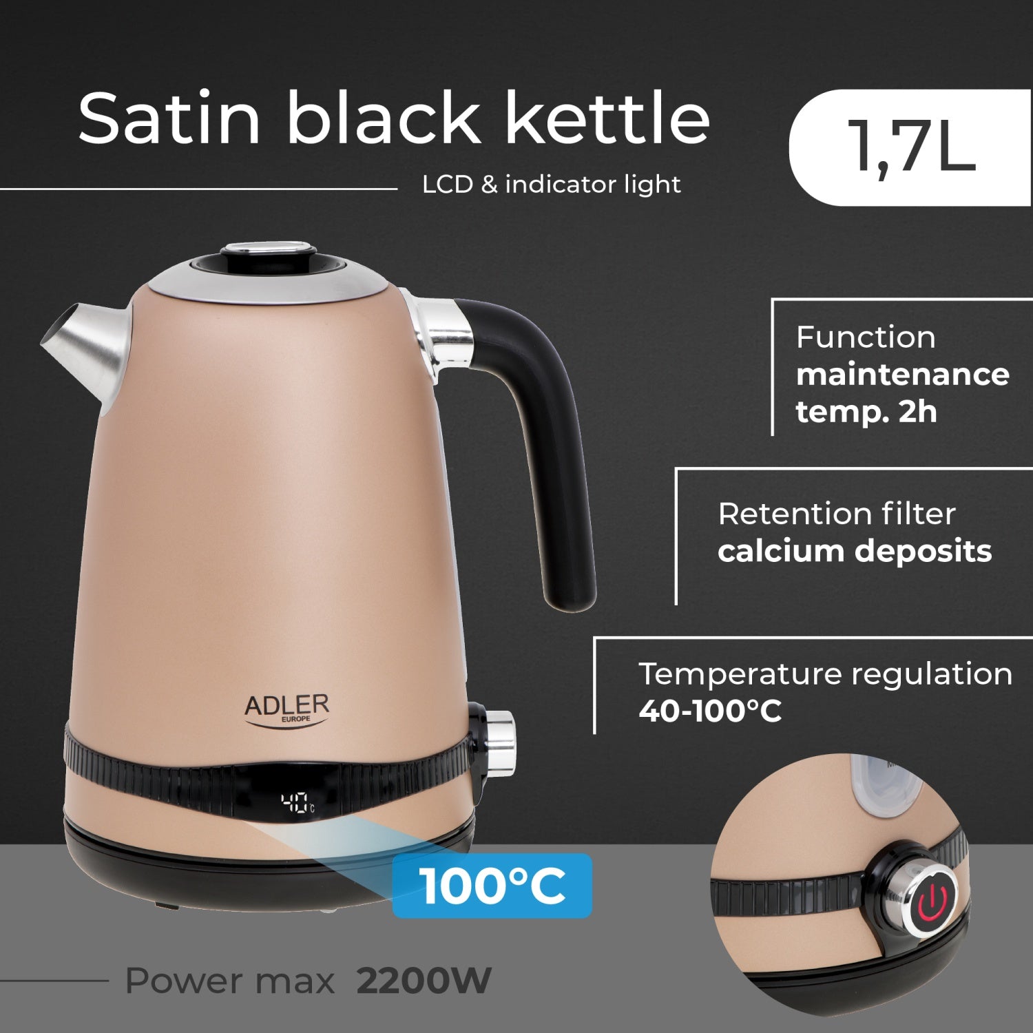 Vattenkokare 1,7 L i Rostfritt Stål med LCD-display och Temperaturkontroll