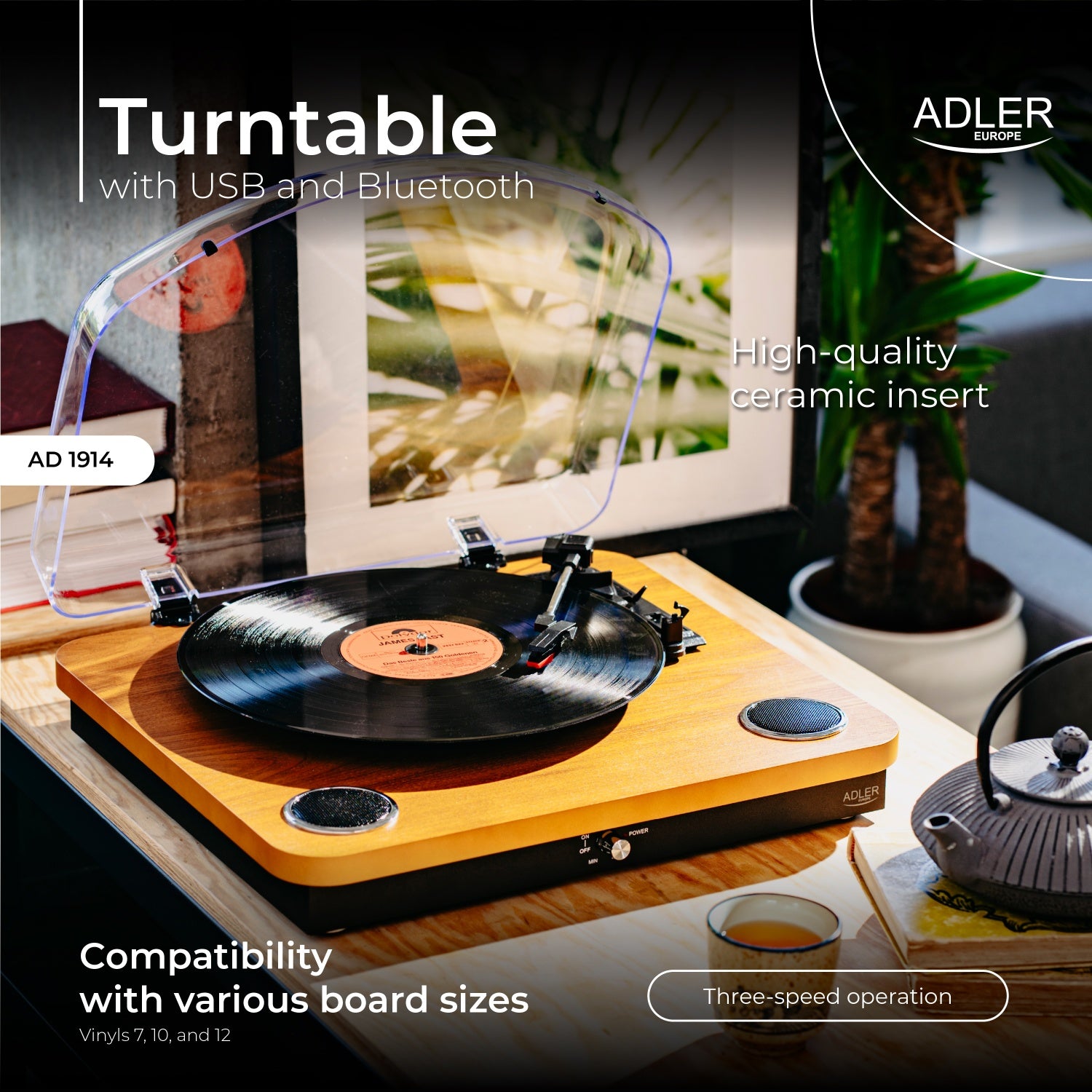 Skivspelare Vit/träfärg med Bluetooth & USB-inspelning