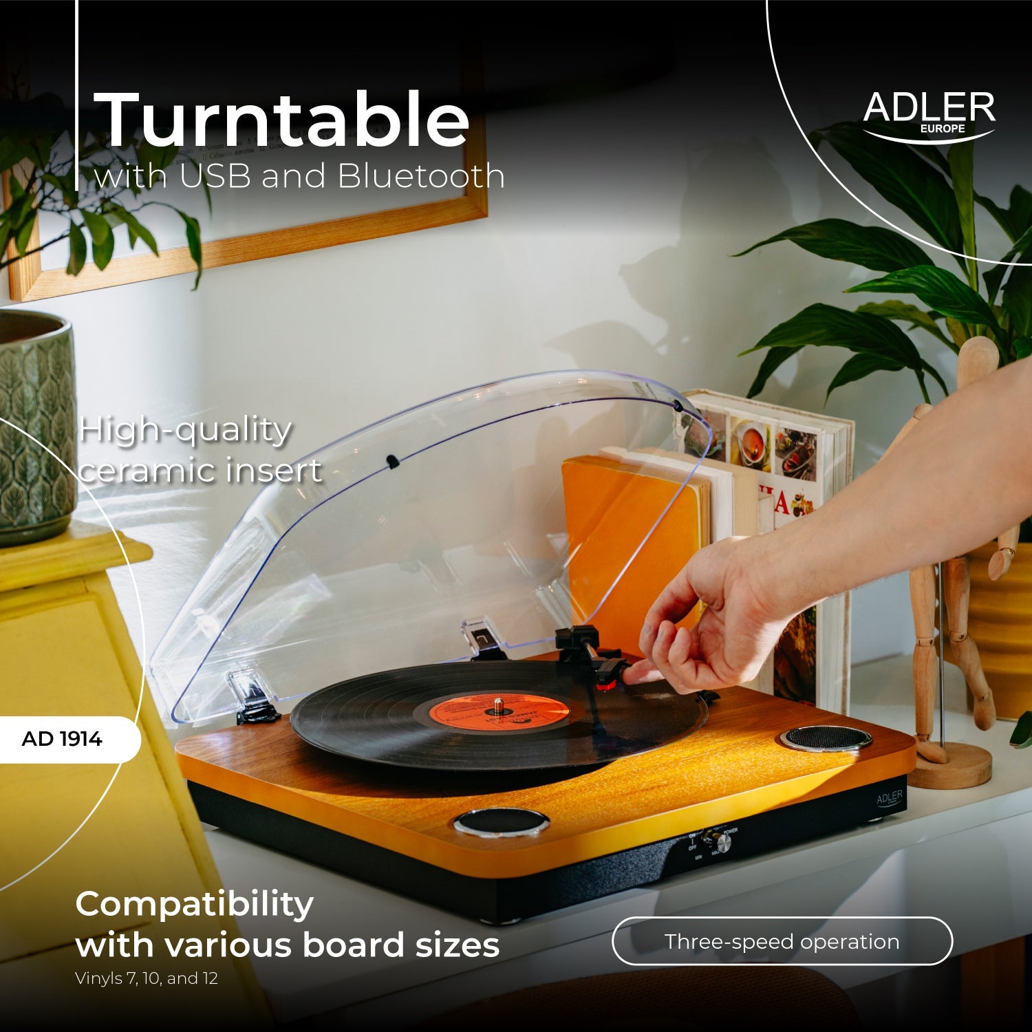 Skivspelare Vit/träfärg med Bluetooth & USB-inspelning