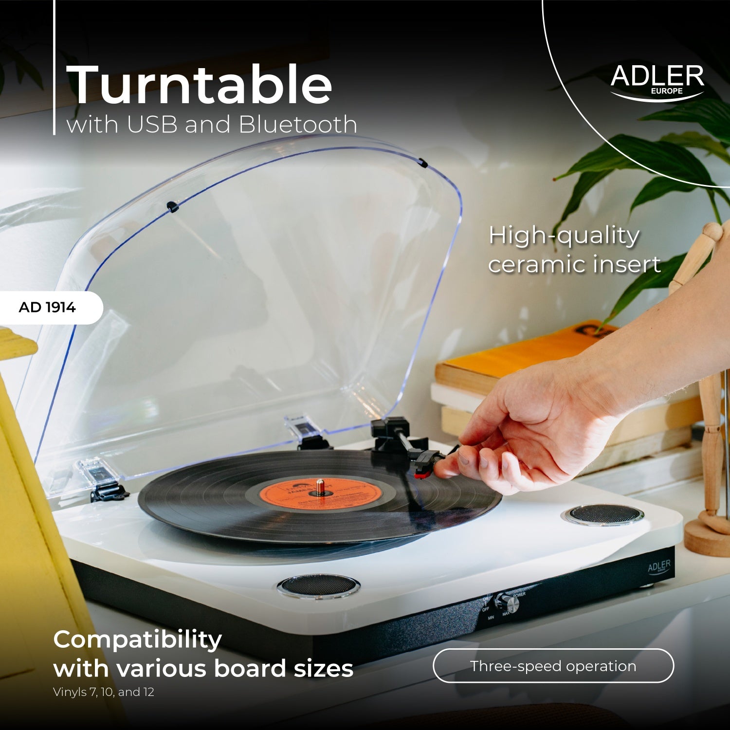 Skivspelare Vit/träfärg med Bluetooth & USB-inspelning