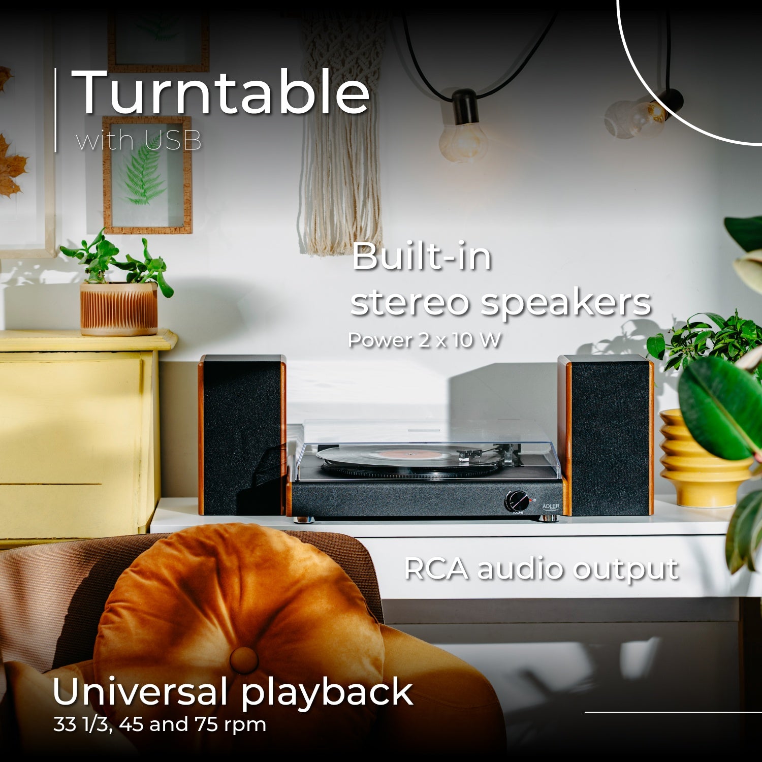 Skivspelare med Bluetooth, USB och inbyggda högtalare