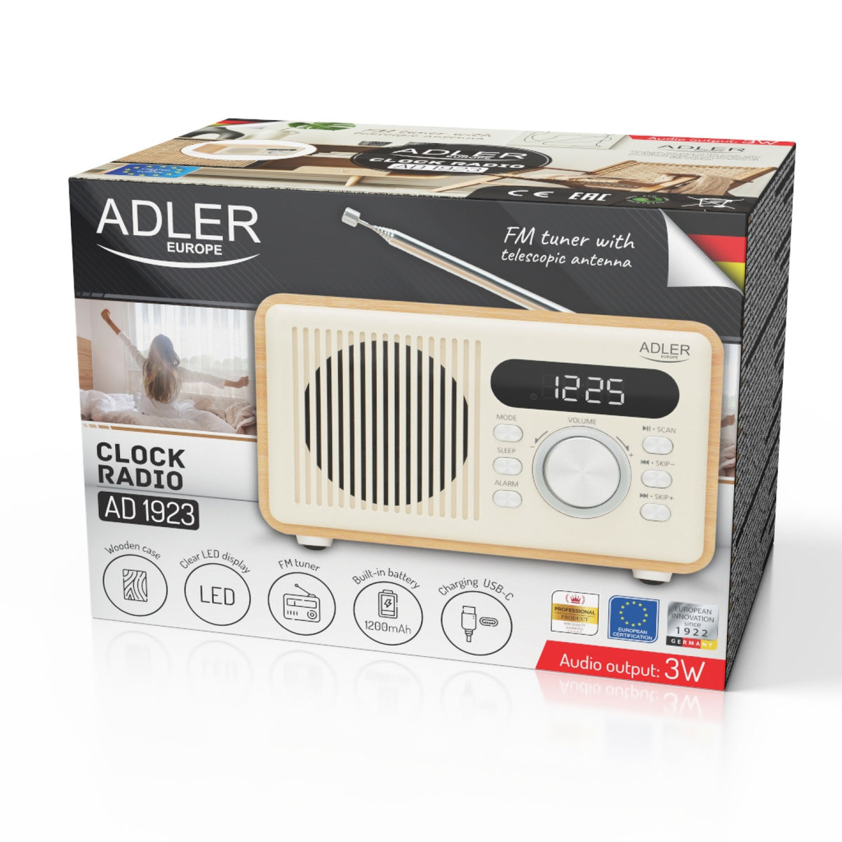 Clockradio med Bluetooth, FM Radio, Alarm & Genopladeligt Batteri