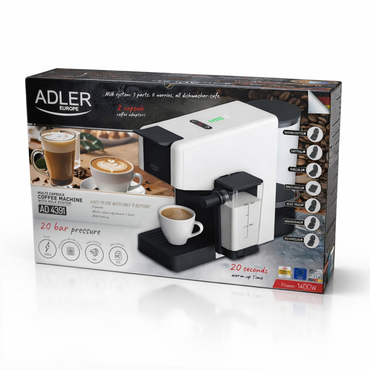 Multikapsel Kaffemaskine med Mælkeskummer – 20 Bar & 1400W