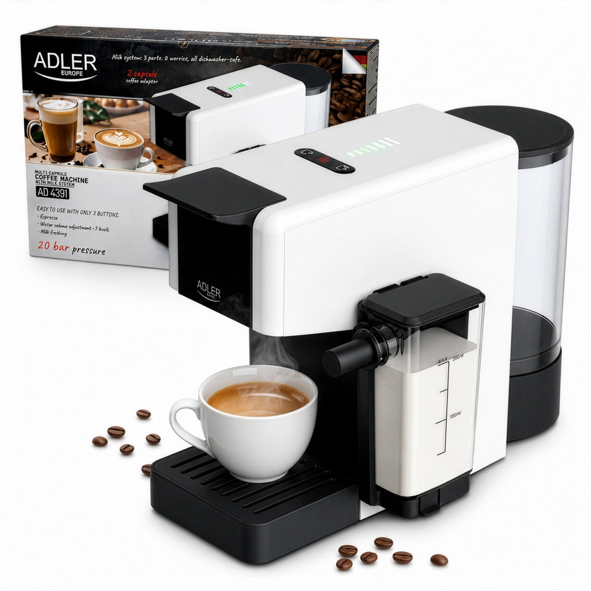 Multikapsel Kaffemaskine med Mælkeskummer – 20 Bar & 1400W