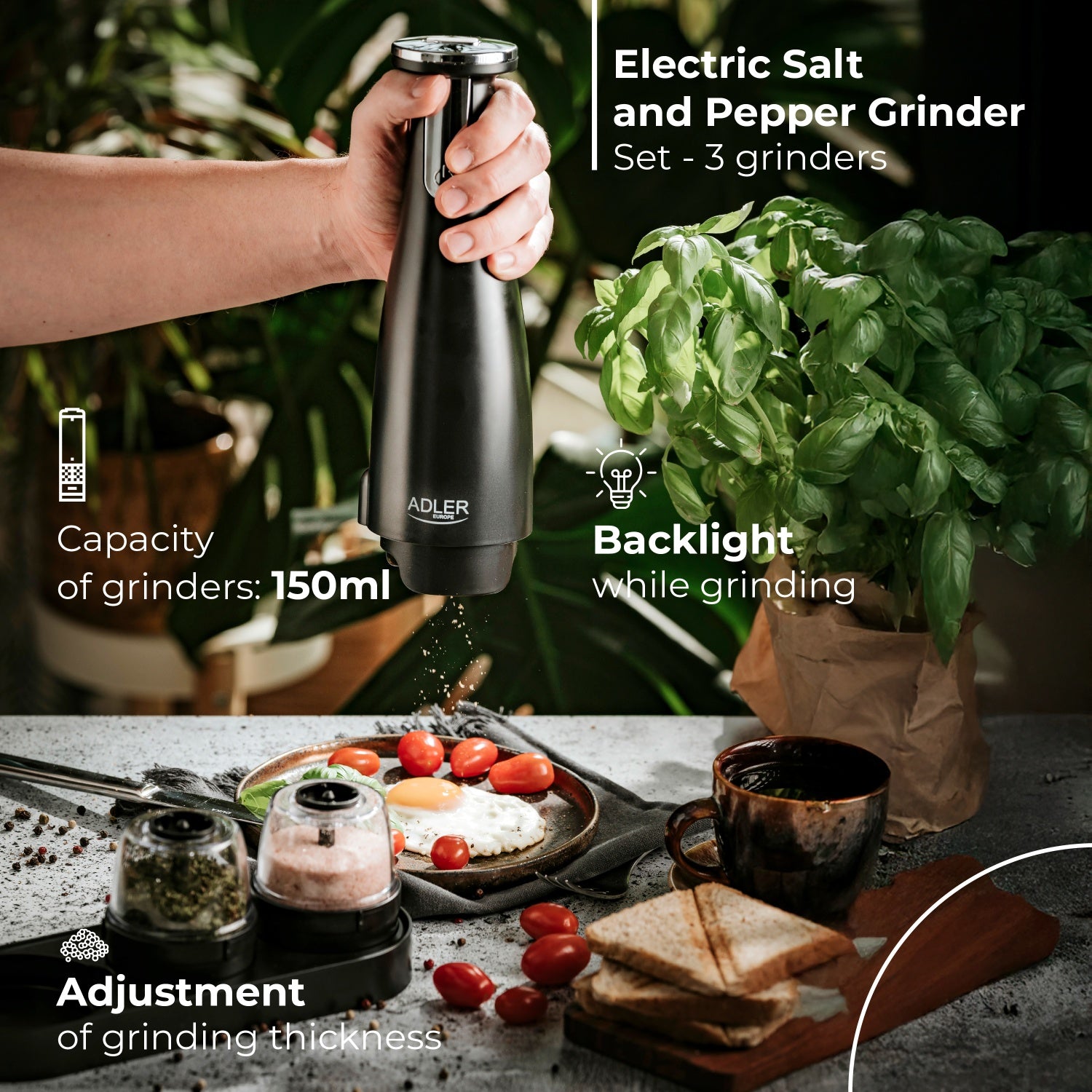 Elektrisk krydderikværnsæt med 3 kværne og justérbar Malingsgrad – USB Opladning