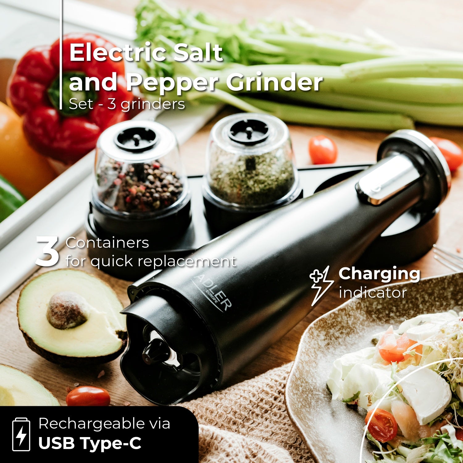 Elektrisk krydderikværnsæt med 3 kværne og justérbar Malingsgrad – USB Opladning