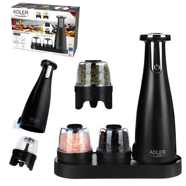 Elektrisk kryddkvarn med 3 kvarnar och justerbar malningsgrad – USB-laddning