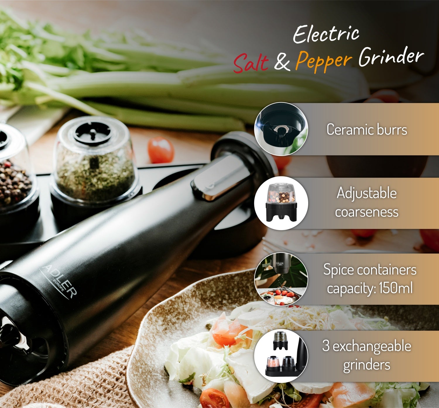 Elektrisk krydderikværnsæt med 3 kværne og justérbar Malingsgrad – USB Opladning