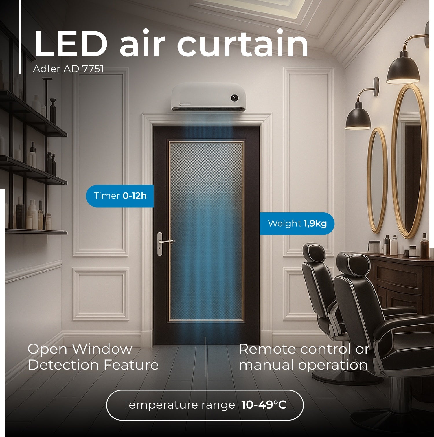 Varmeblæser 2000W LED med fjernbetjening og programmering