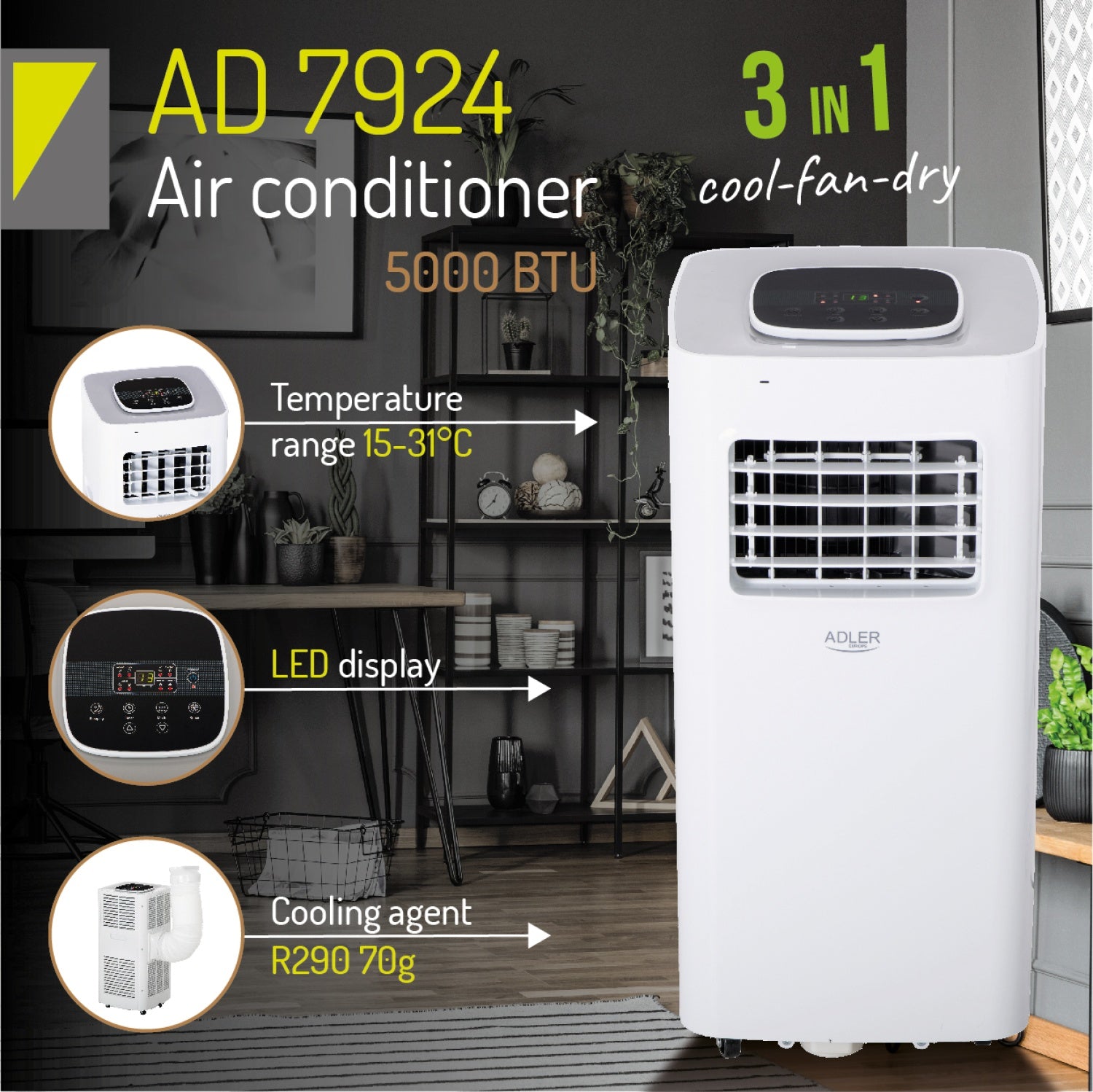 Aircondition 5000 BTU på hjul – Køling, Ventilator og Affugter i Én