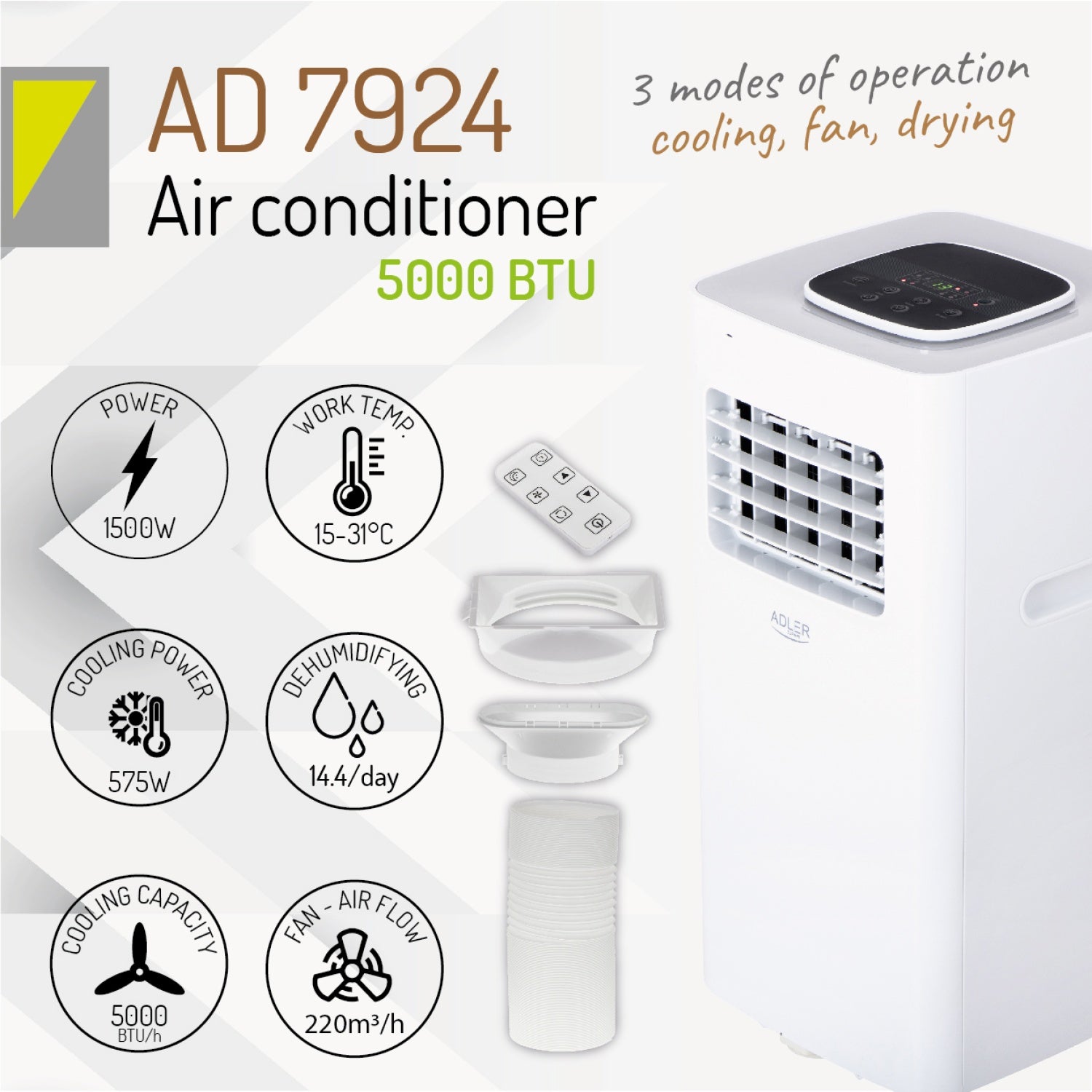 Aircondition 5000 BTU på hjul – Køling, Ventilator og Affugter i Én