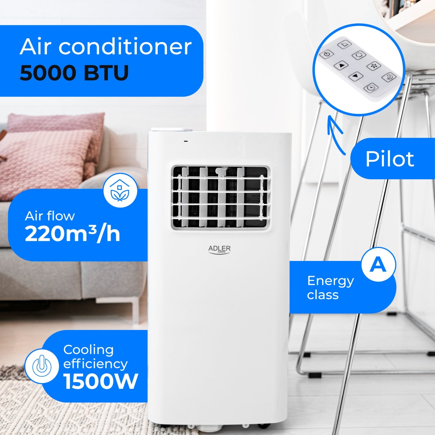 Aircondition 5000 BTU på hjul – Køling, Ventilator og Affugter i Én