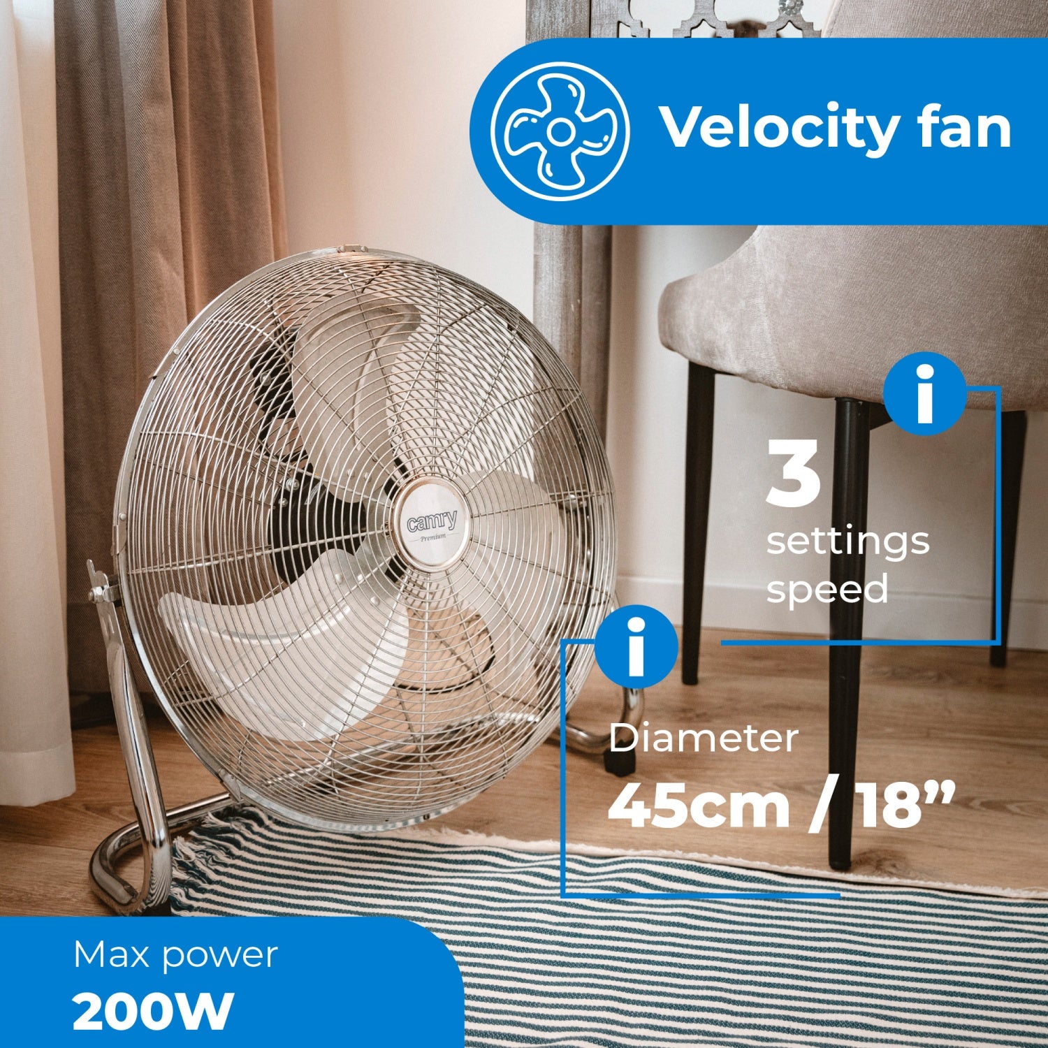 Gulvventilator 45 cm - 3 hastigheder