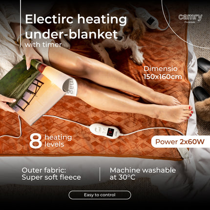 Varmetæppe 160 x 150 cm dobbelt, med Timer – Superblødt fleece & 8 varmeindstillinger (2 x 60W)