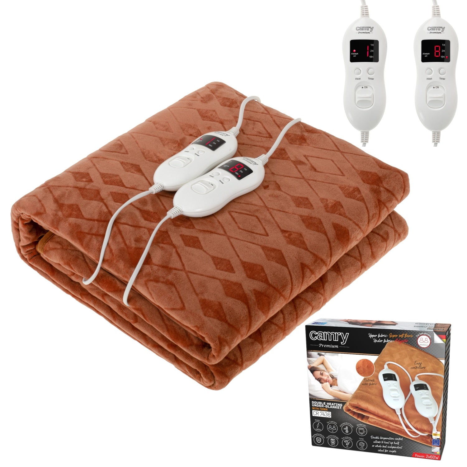 Varmetæppe 160 x 150 cm dobbelt, med Timer – Superblødt fleece & 8 varmeindstillinger (2 x 60W)