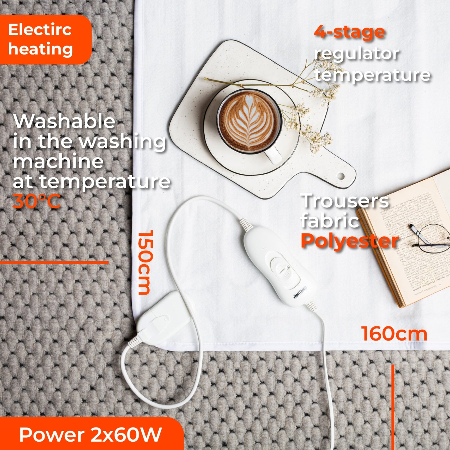 Värmefilt 160 x 150 cm, dubbelsäng med 4 värmelägen