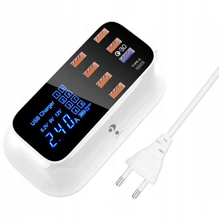 Hurtigoplader til Mobil med 7 USB + 1 USB-C med LCD Skærm - 40W