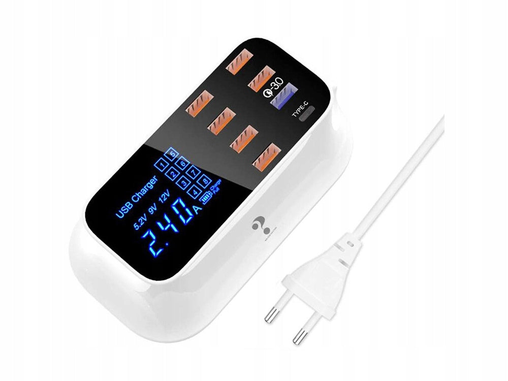 Hurtigoplader til Mobil med 7 USB + 1 USB-C med LCD Skærm - 40W