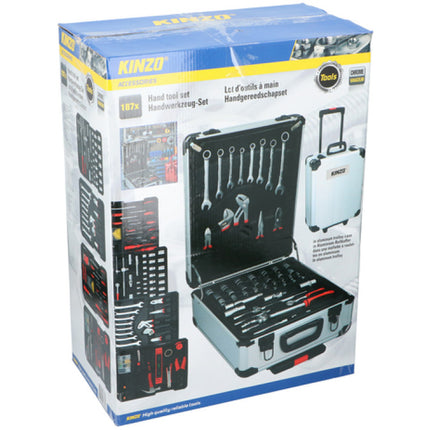 KINZO Værkstøjssæt med 187 Dele i Aluminiumskuffert med Hjul