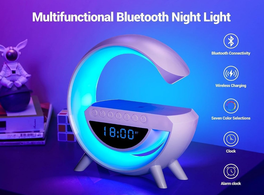 Lampe med ur og Trådløs Opladning, Bluetooth Højttaler