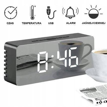 Multifunktionelt Vækkeur med Spejl, LED og Temperaturmåler – 4-i-1