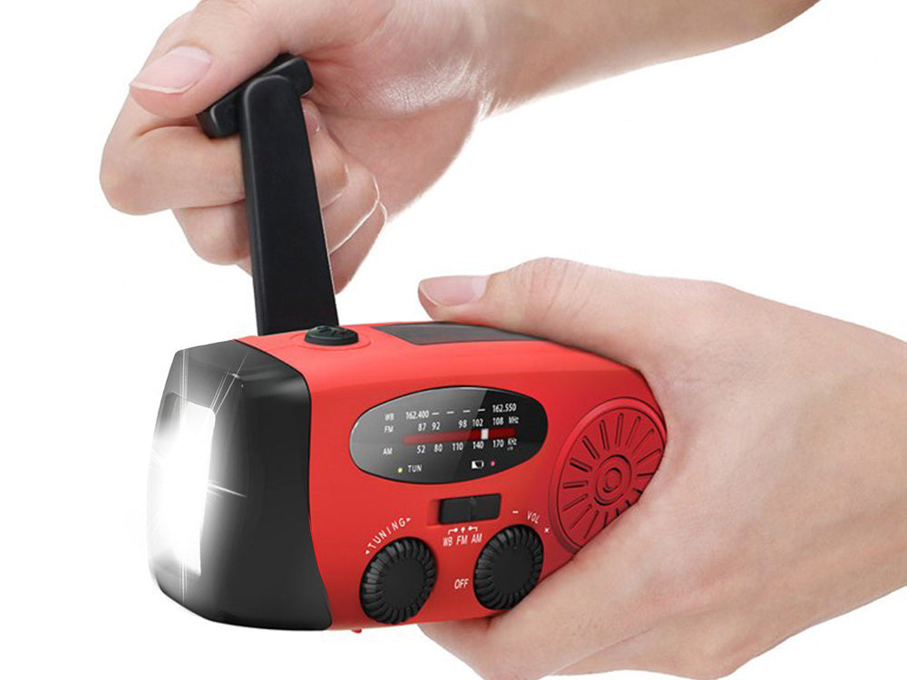 Laddningsbar nödradio med solcell, dynamo, ficklampa och powerbank-funktion