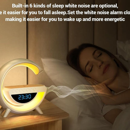 Lampe med ur og Trådløs Opladning, Bluetooth Højttaler