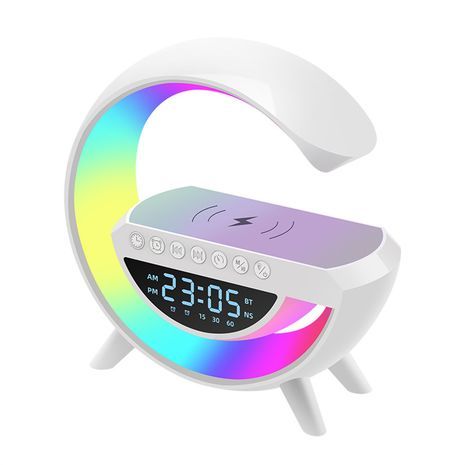 Lampe med ur og Trådløs Opladning, Bluetooth Højttaler