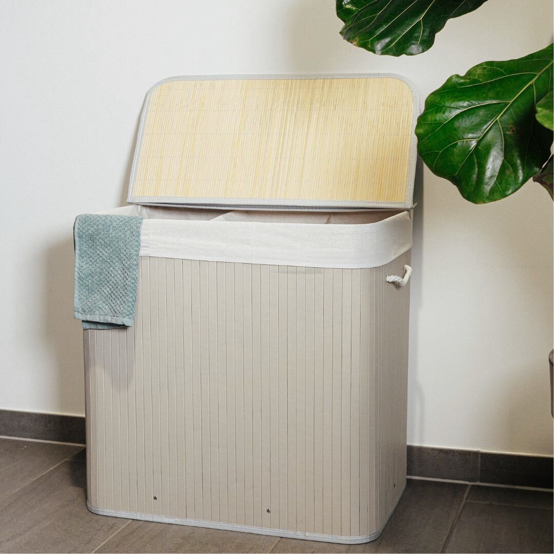 Tvådelad bambu tvättkorg 100L – Elegant korg för sortering av tvätt