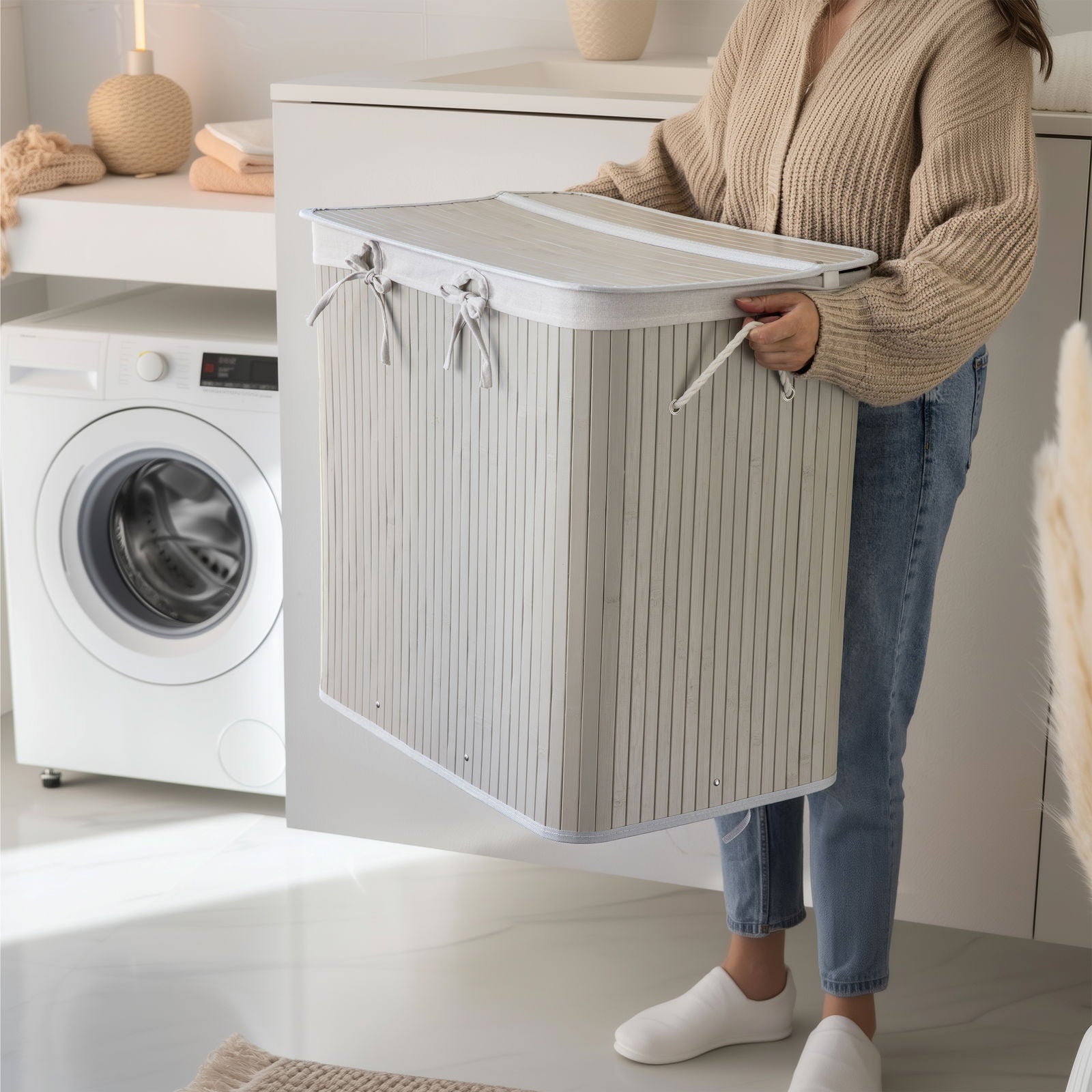 Tvådelad bambu tvättkorg 100L – Elegant korg för sortering av tvätt