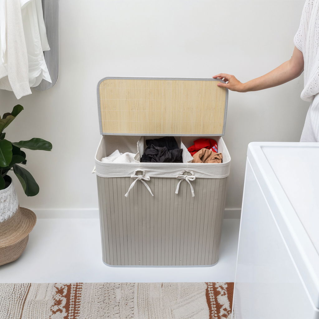 Tvådelad bambu tvättkorg 100L – Elegant korg för sortering av tvätt