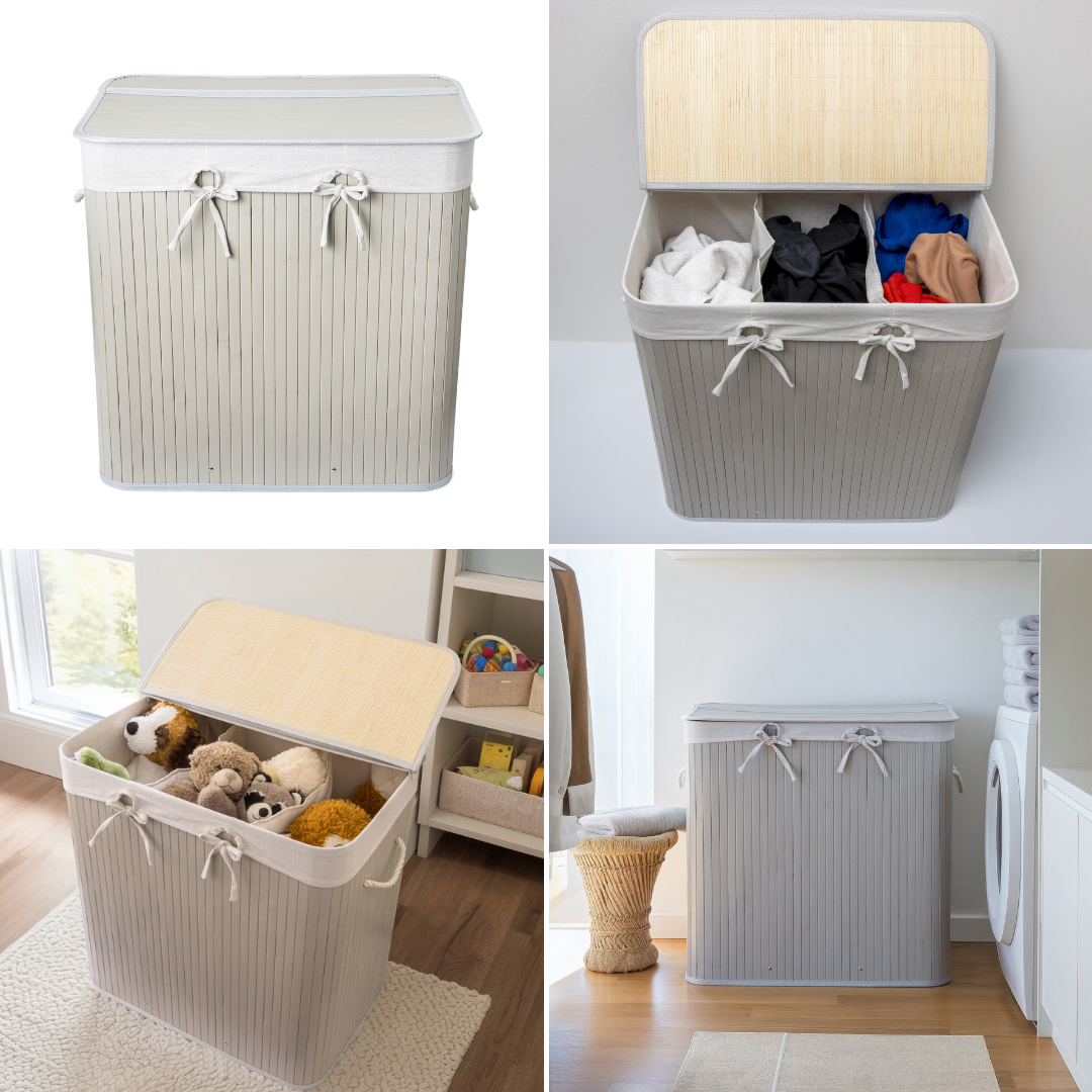 Tvådelad bambu tvättkorg 100L – Elegant korg för sortering av tvätt