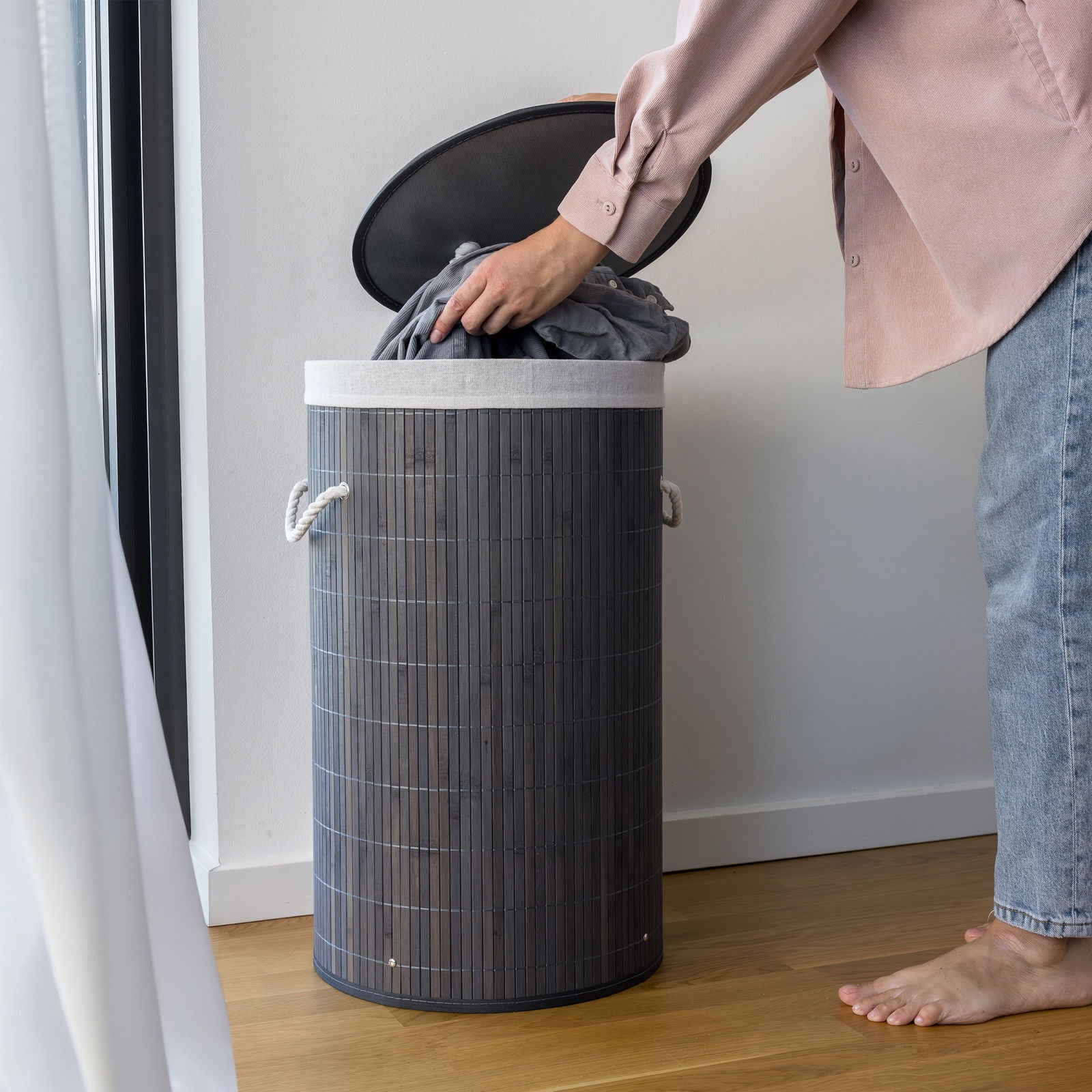 Tvådelad bambu tvättkorg 100L – Elegant korg för sortering av tvätt