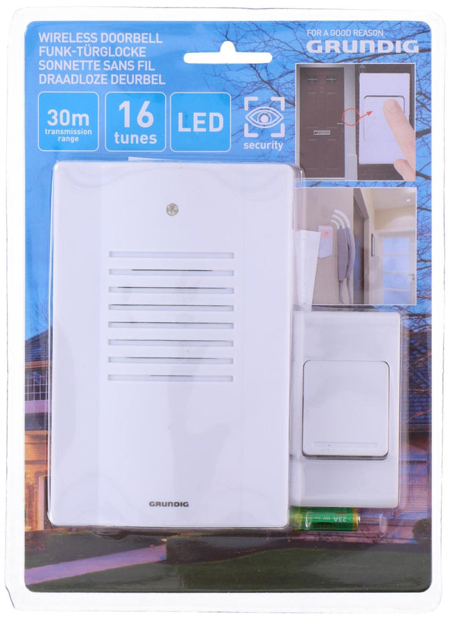 Grundig trådlös dörrklocka med 16 melodier – enkel installation och elegant design