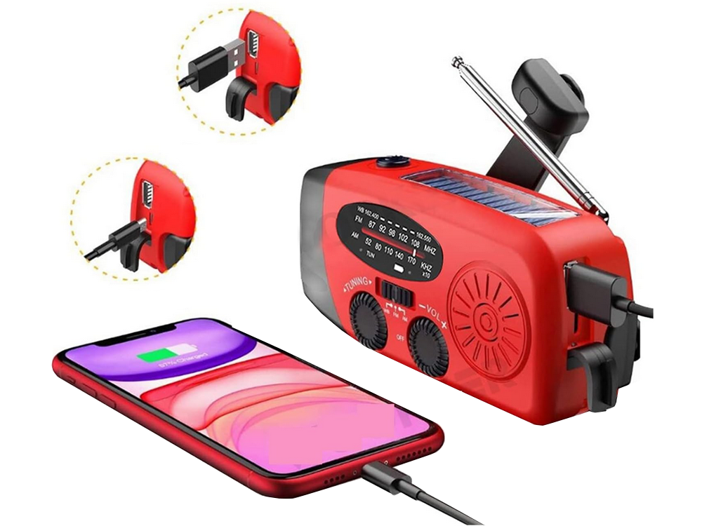 Laddningsbar nödradio med solcell, dynamo, ficklampa och powerbank-funktion