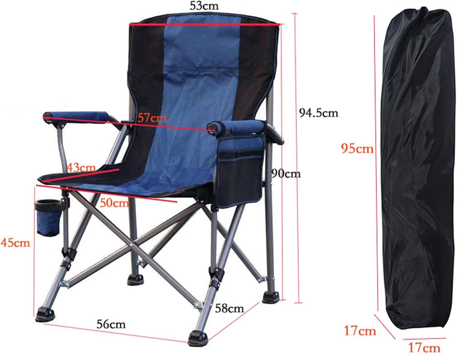 Campingstol, hopfällbar med hög rygg och mugghållare – blå och grå