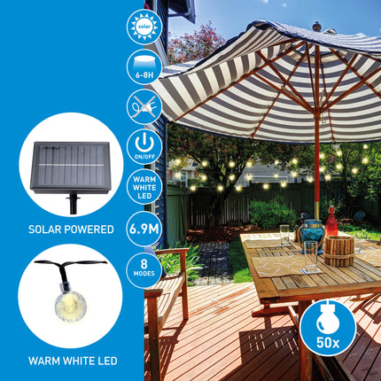 Solcellsdriven ljuskedja med 50 varmvita lampor - 6,9 meter