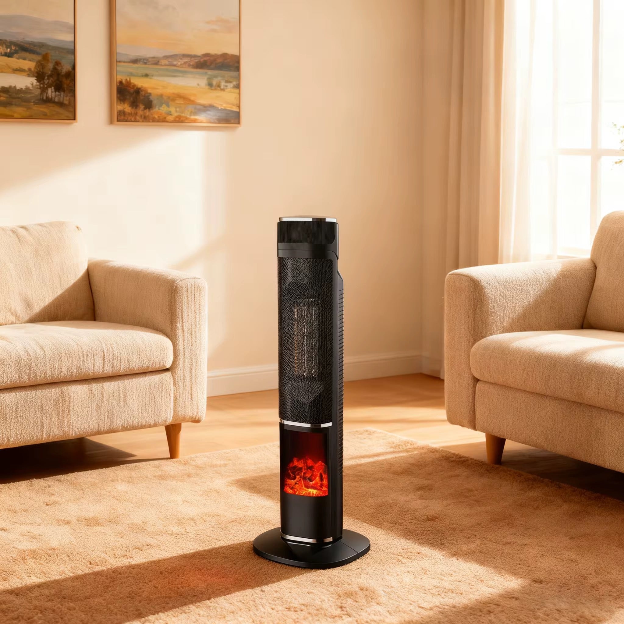 Pelarvärmare 2000W med kamineffekt och fjärrkontroll