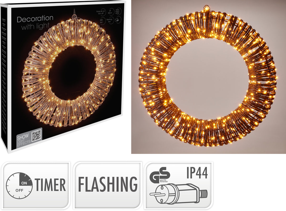 LED krans Ø50 cm med 500 Ekstra Varmhvide Lys & Timer