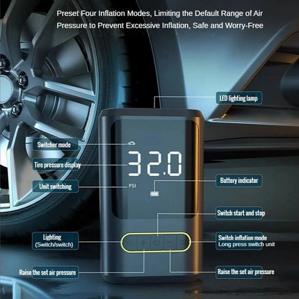 Dækpumpe, powerbank,  2 x 2.000 mAh battericeller
