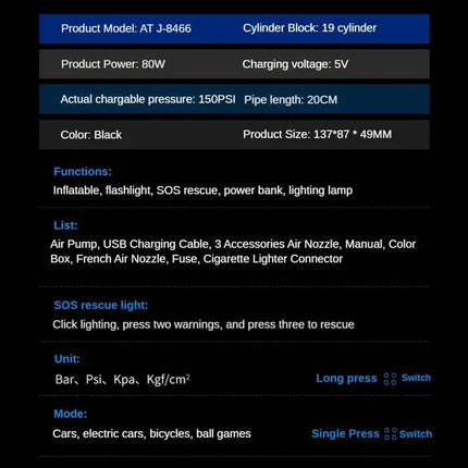 Dækpumpe, powerbank,  2 x 2.000 mAh battericeller