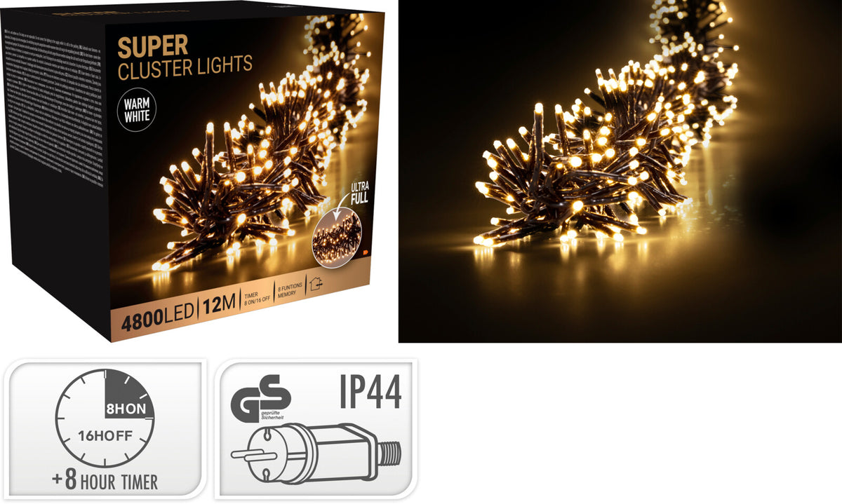 Super Cluster LED-ljusslinga med 3216 eller 4800 varmvita ljus – 8 eller 12 meter