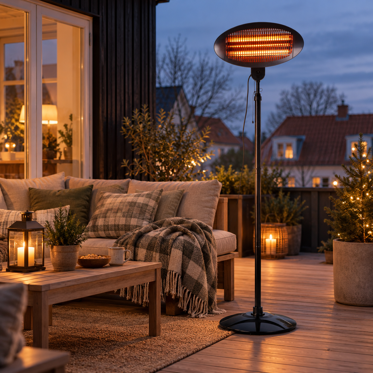 Elektrisk terrassevarmer på fod 2000W med justerbar højde 180-210 cm og 3 varmetrin