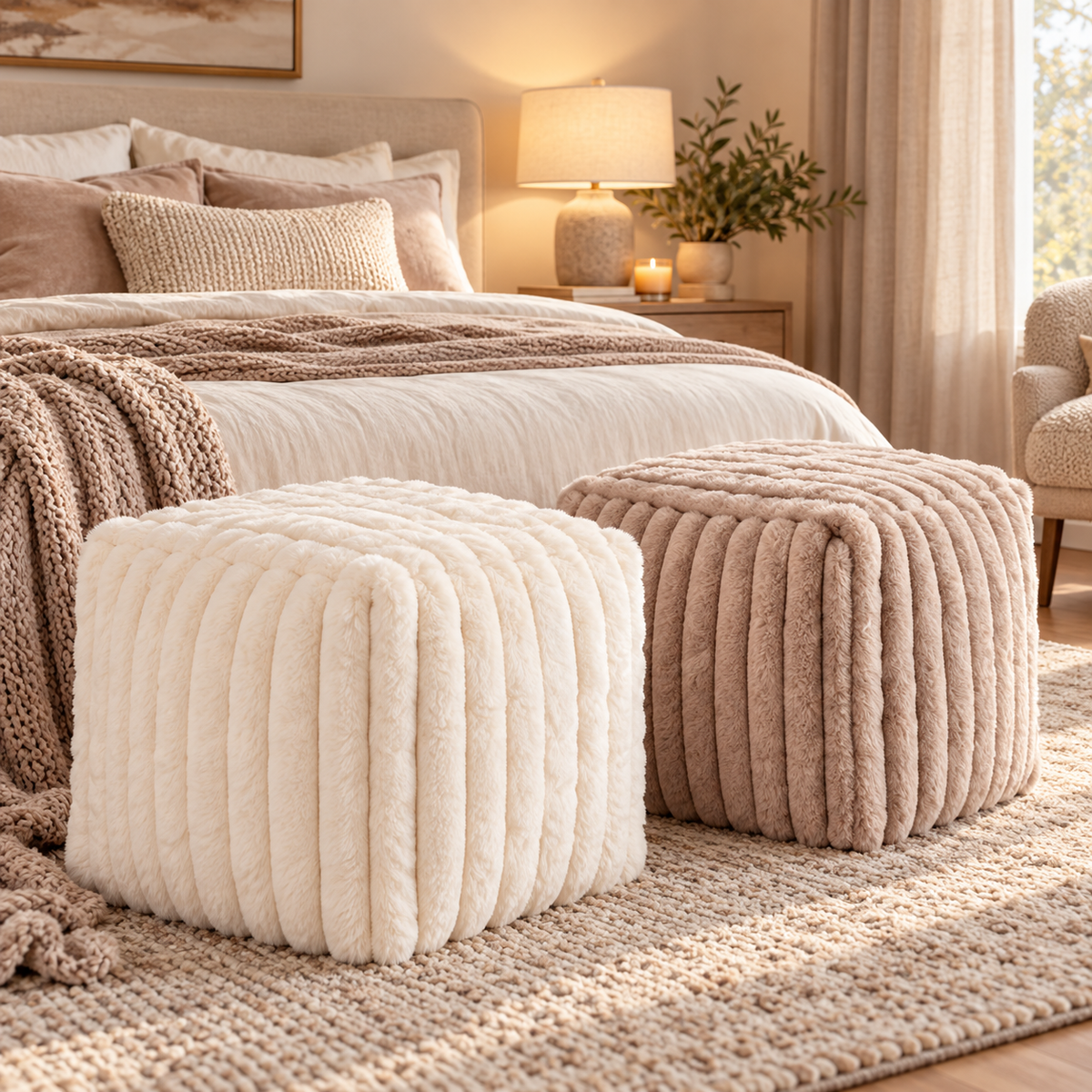 Fotpall med mjuk kaninpälskänsla – Offwhite eller taupe