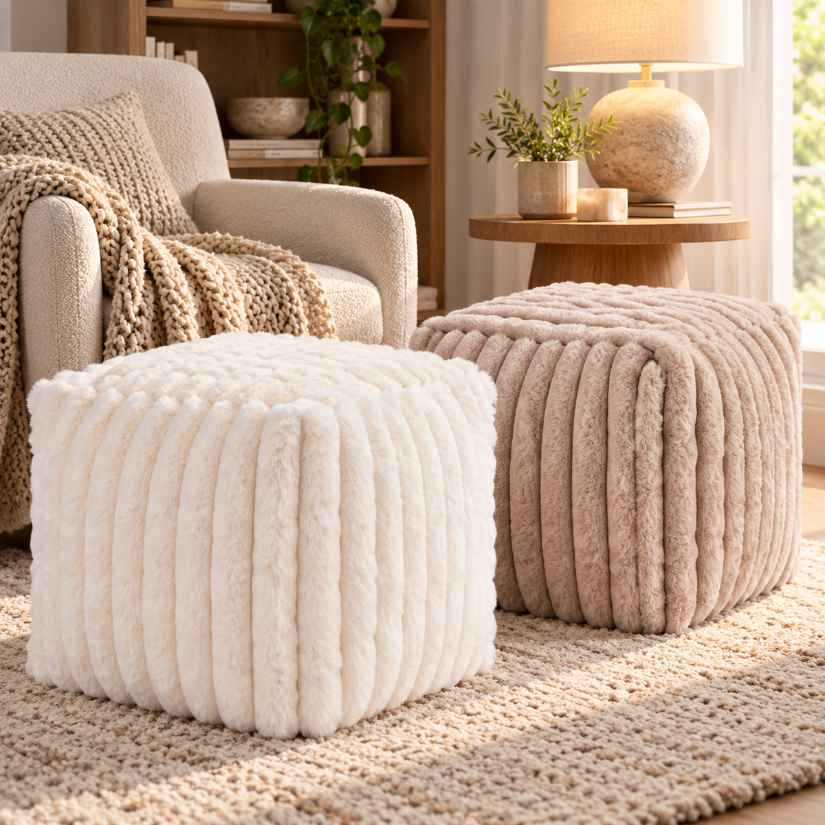 Fotpall med mjuk kaninpälskänsla – Offwhite eller taupe