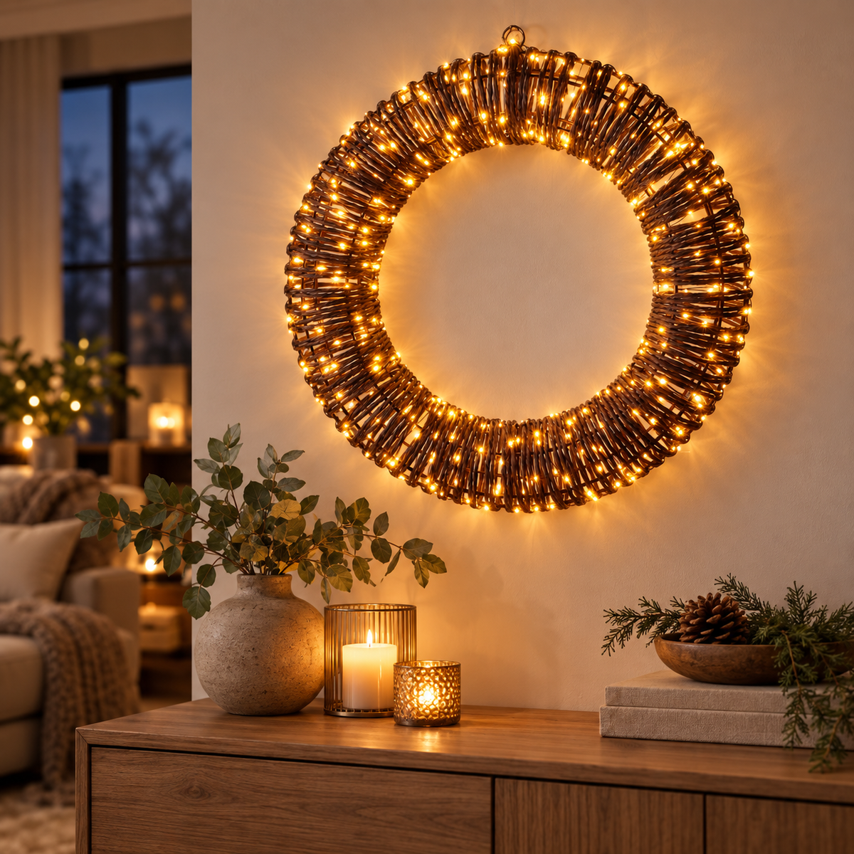 LED-krans Ø50 cm med 500 extra varmvita ljus & timer