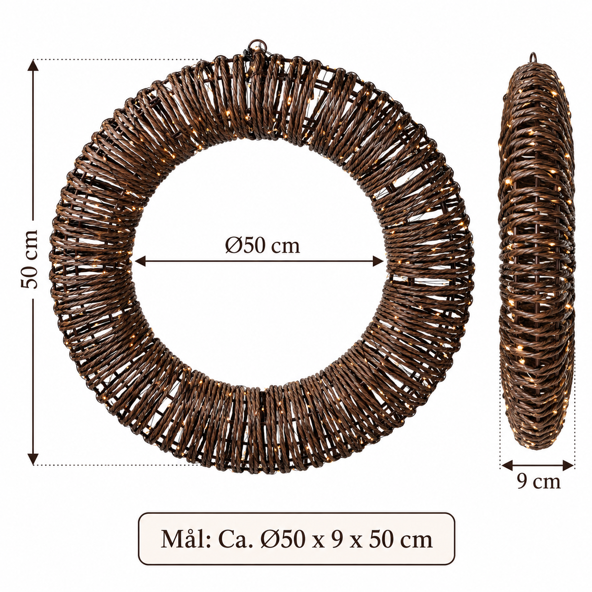 LED krans Ø50 cm med 500 Ekstra Varmhvide Lys & Timer